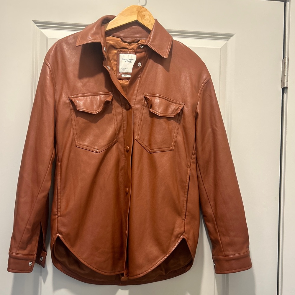 Abercrombie & Fitch Brown Vegan Leather Shacket Jacket - Picture 2 of 4